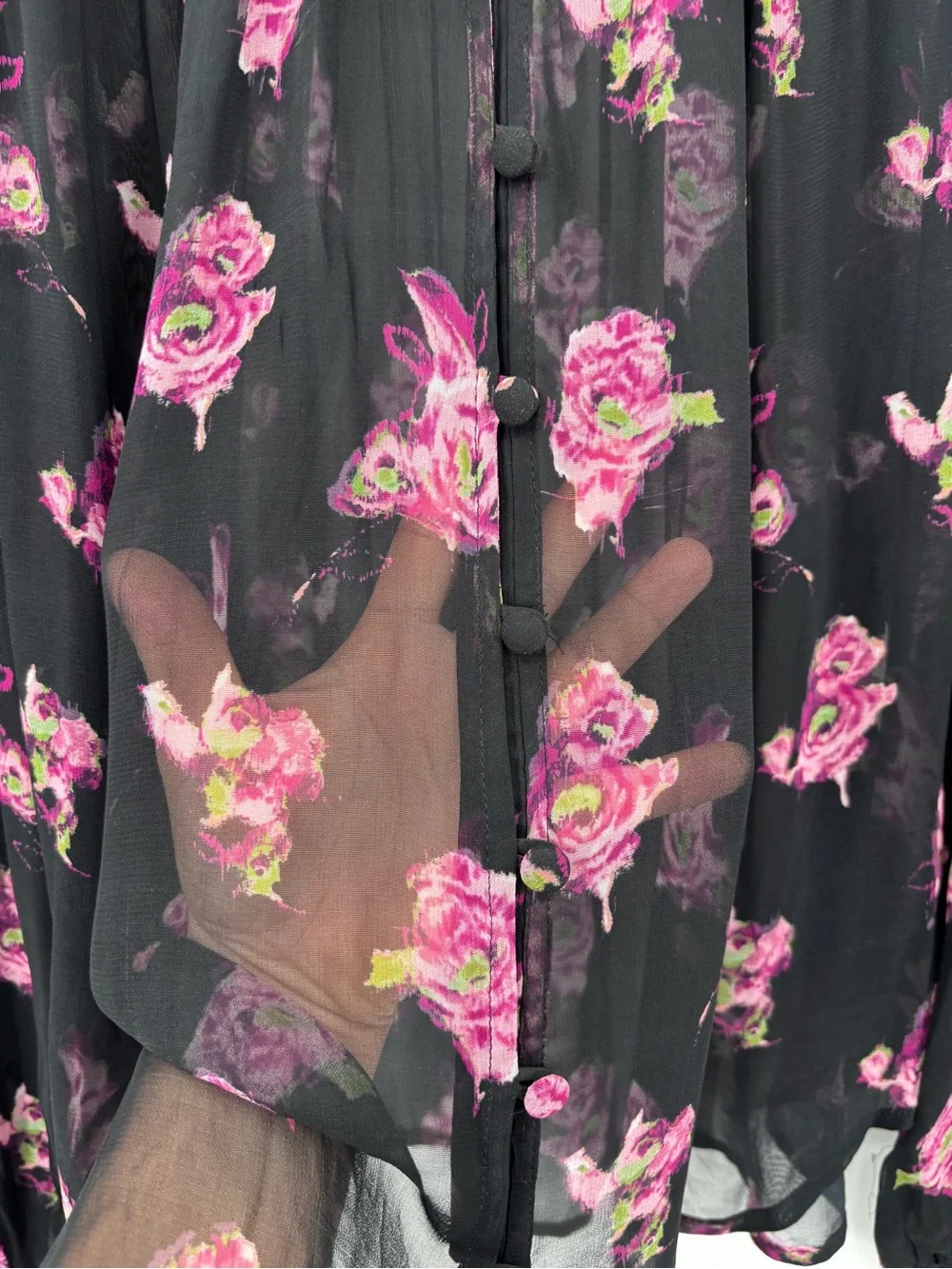 Anthropologie Black Floral Sheer Button-Front Blouse - Picture 8 of 11